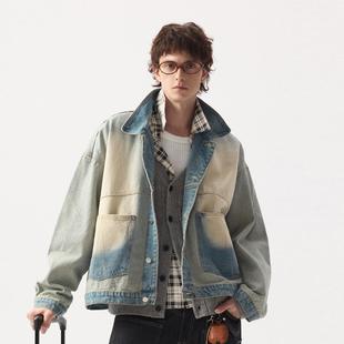 2025春季新款水洗磨白翻领牛仔夹克外套男士潮流做旧春天拼接上衣