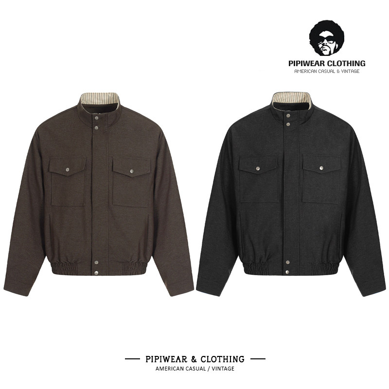 春季复古毛呢条纹内里立领2026新款男士外套春天痞帅宽松工装夹克