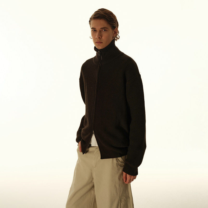 秋季2025新款开衫白色毛衣外套美式复古半高领拉链针织衫百搭线衫