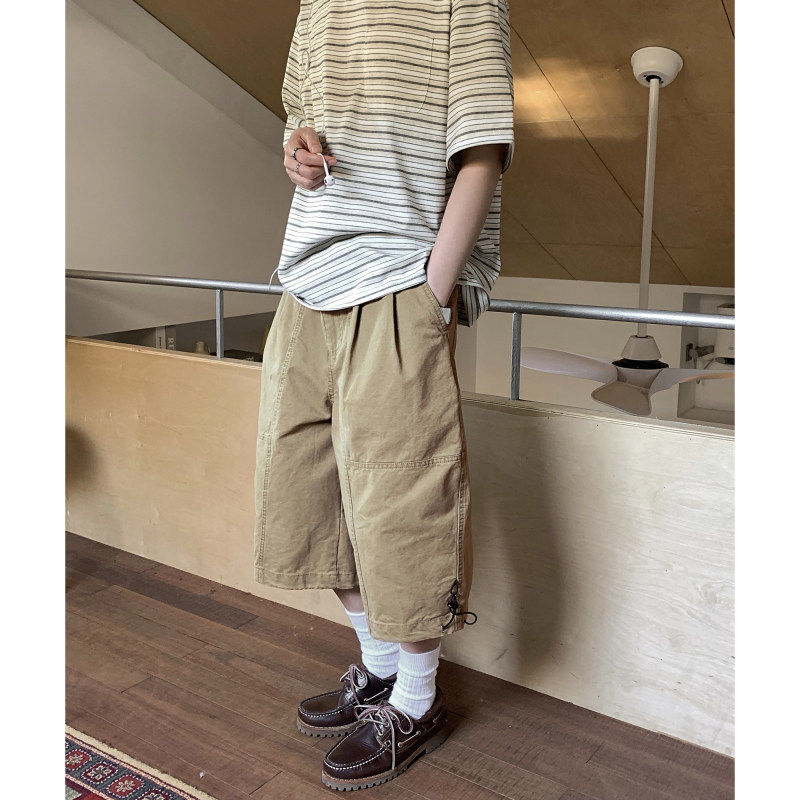 夏天日系复古水洗工装七分裤男夏季宽松褶皱设计短裤直筒伐木中裤