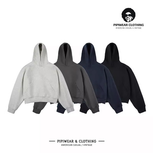 美式慵懒卫衣2024秋天新款连帽纯色套头衫宽松休闲短款内搭上衣男