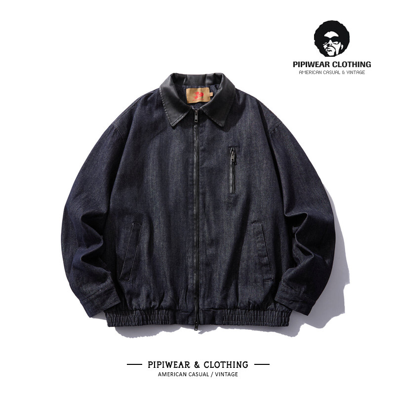 春天美式复古丹宁原色牛仔夹克春季PU皮拼接翻领2026新款男士外套