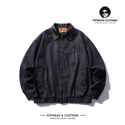 丹宁原色牛仔夹克男PU皮翻领外套