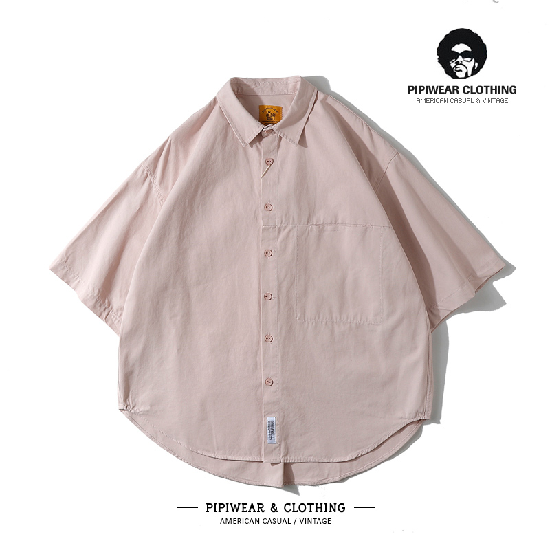 潮牌夏季廓形粉色男士衬衫短袖
