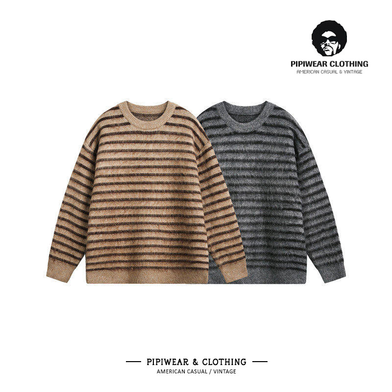 早秋复古撞色条纹毛衣男高级感痞帅马海毛针织衫秋冬季百搭线衫潮