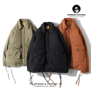 美式复古保暖飘带余文乐工装橙色羽绒服男冬天抗寒外套防寒夹克男