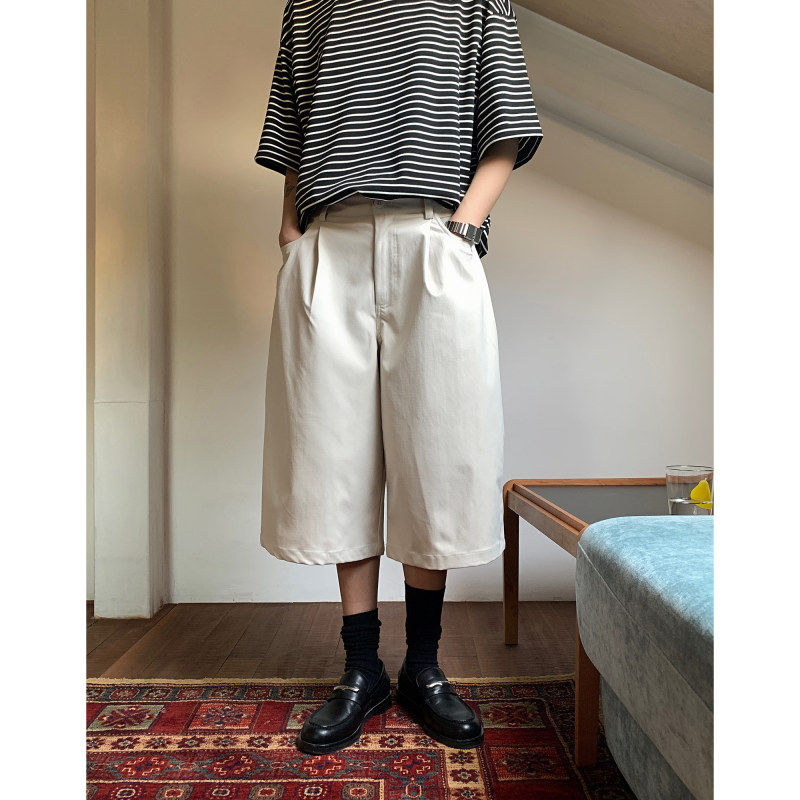 夏季日系复古休闲七分裤男潮牌纯色西装短裤夏天通勤百搭直筒中裤