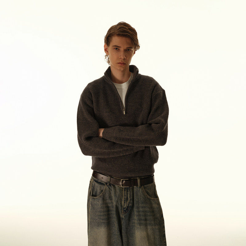 复古简约秋冬毛衣肌理感半拉链开衫套头针织衫男立领休闲显瘦线衫