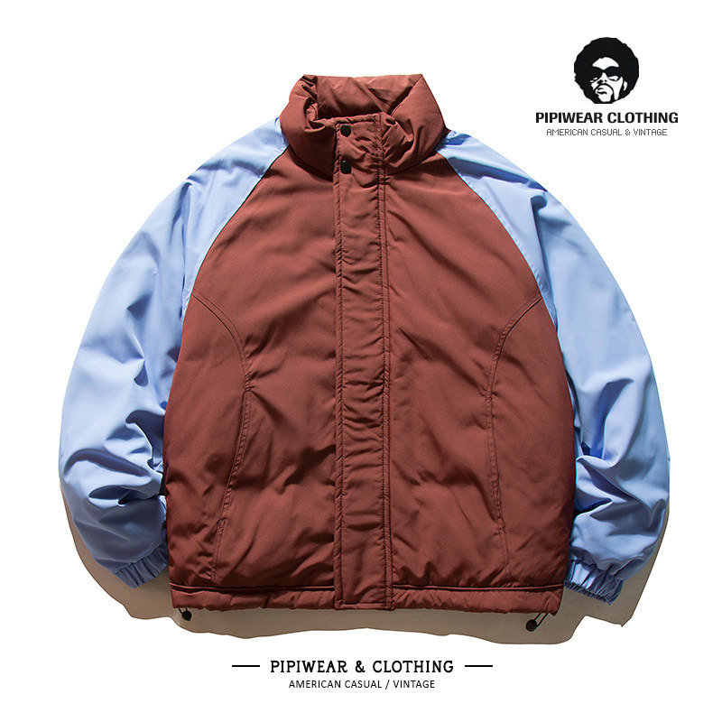 日系校园风拼接撞色立领冬天外套男羽绒服冬季抗寒保暖面包服上衣