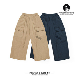 美式户外工装男裤多口袋拼接宽松休闲裤系带高腰直筒阔腿长裤子男