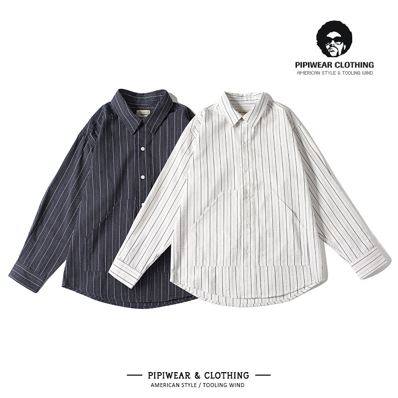 2025秋冬季纯棉内搭衬衣大口袋条纹工装衬衫早秋男士宽松休闲寸衫