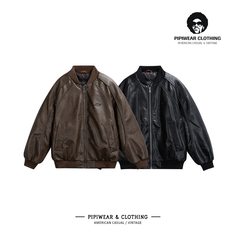 复古做旧棒球领机车皮羽绒服外套