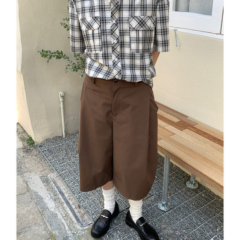 夏天复古工装短裤男高街褶皱设计西装七分裤夏季宽松休闲阔腿中裤