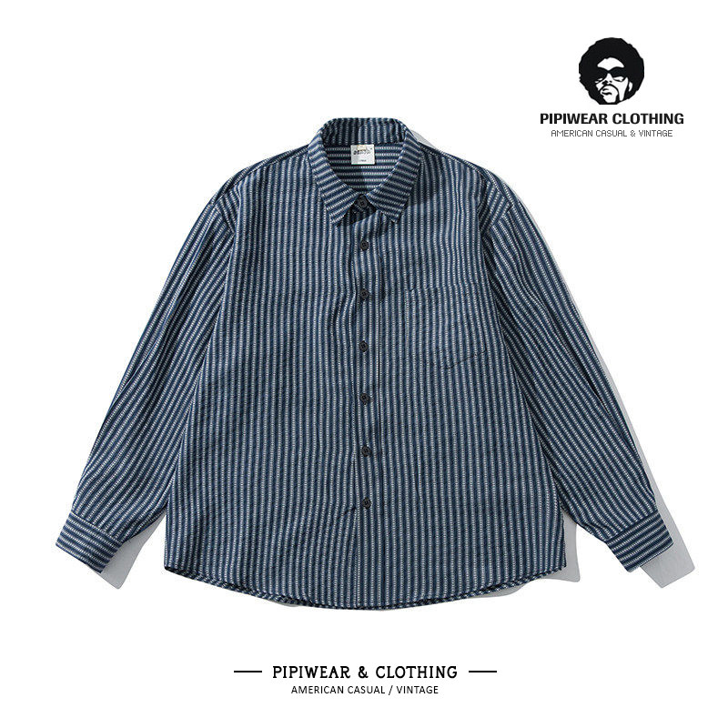 2026春季新款垂感抗皱衬衫男士复古条纹休闲长袖衬衣春天宽松寸衫