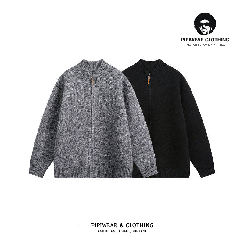 早秋复古拼接圆领毛衣男高级感痞帅拉链针织衫秋冬季纯色休闲线衫