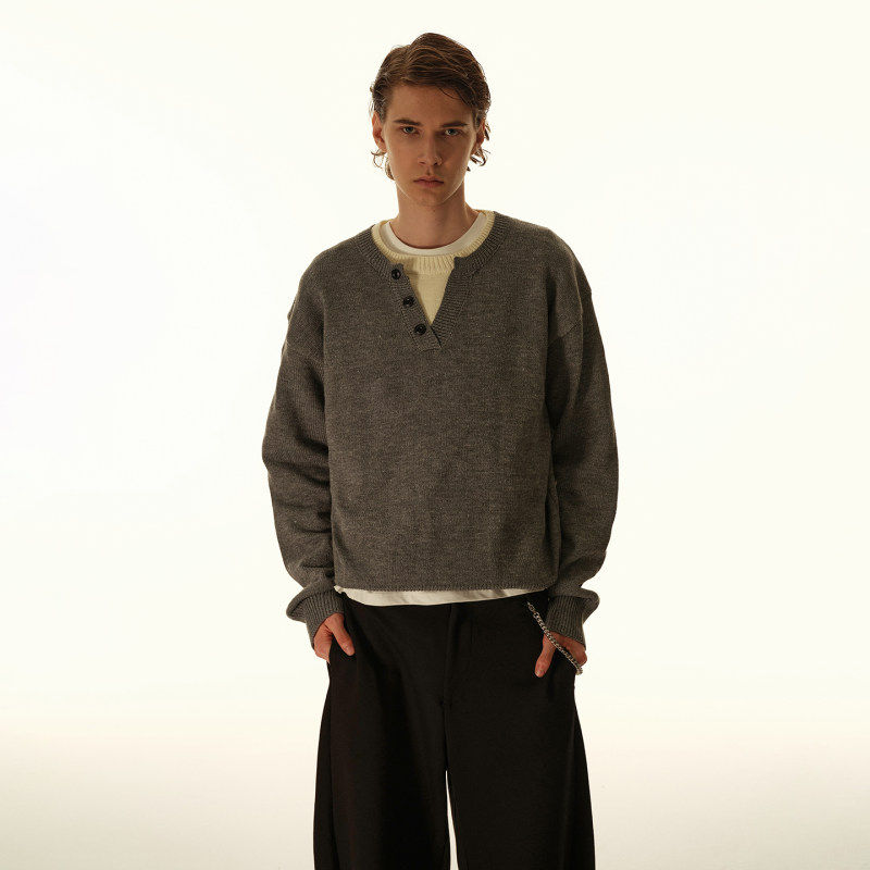 秋冬日系复古校园风假两件针织衫男圆领套头毛衣松弛慵懒短款线衫