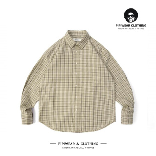 日系中性复古秋季休闲长袖衬衫男美拉德卡其格子衬衣秋天宽松寸衫