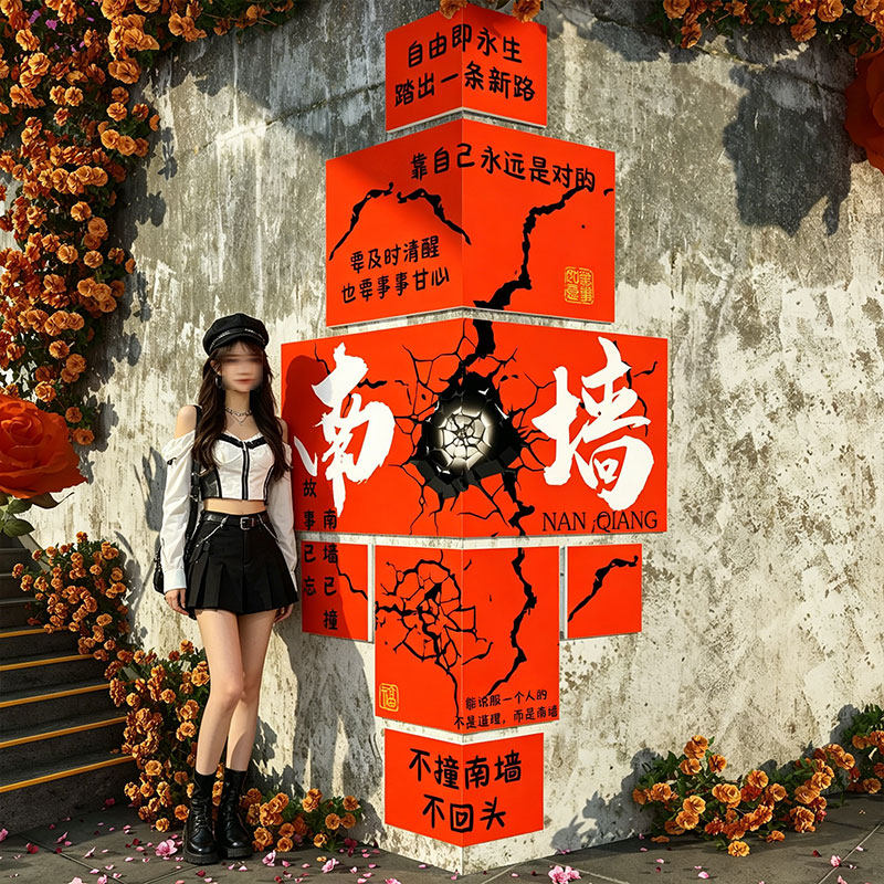 网红打卡拍照氛围布置户外露营小院场景咖啡店装饰背景贴纸撞南墙