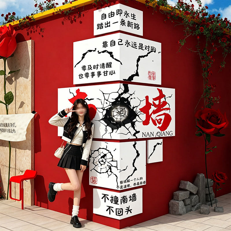 网红拍照区布置打卡造场背景室户外小院露营风装饰墙面撞南墙贴纸