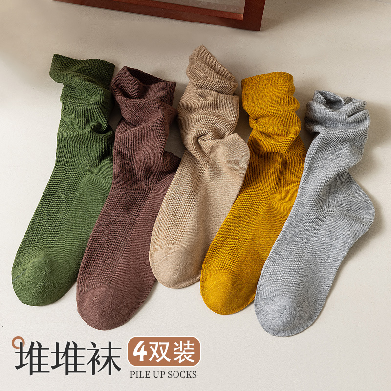 吸湿排汗女士纯棉堆堆袜中筒袜