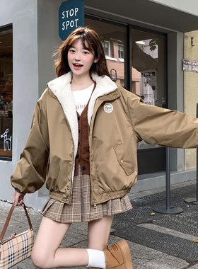 美式复古短款棉服女羊羔毛加绒棉袄冬季新款学生oversize外套潮