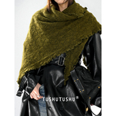 TUshu 氛围杀低调橄榄绿～秋冬木耳边三角巾围脖百搭保暖围巾披肩