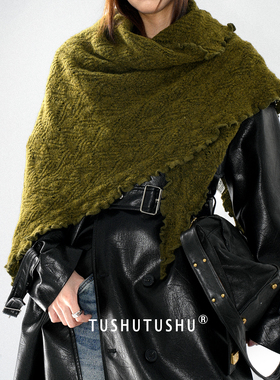 TUshu/氛围杀低调橄榄绿～秋冬木耳边三角巾围脖百搭保暖围巾披肩
