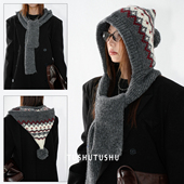 TUshu 费尔岛球球女巫帽～秋冬帽子围巾一体雷锋帽复古百搭拉法帽