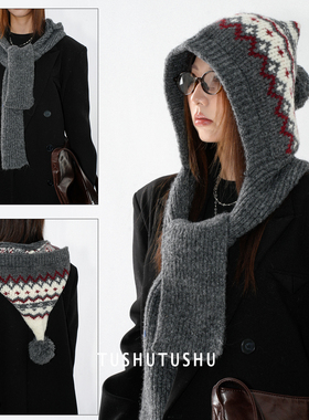 TUshu/费尔岛球球女巫帽～秋冬帽子围巾一体雷锋帽复古百搭拉法帽