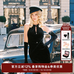 NanaJacqueline冬季新款复古蝴蝶结丝绒连衣裙女弹力无袖镂空短裙