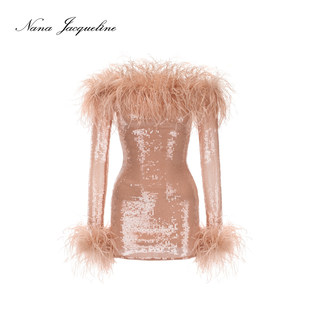 NanaJacqueline一字肩毛毛亮片短款连衣裙女新款约会party轻礼服