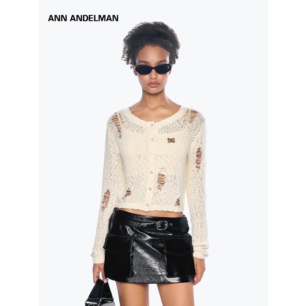 【明星同款】ANNANDELMAN镂空上衣设计感短款破洞毛织短开衫