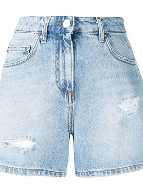 意大利 MSGM 年秋冬新款女士街拍蓝色棉质破洞牛仔阔腿短裤