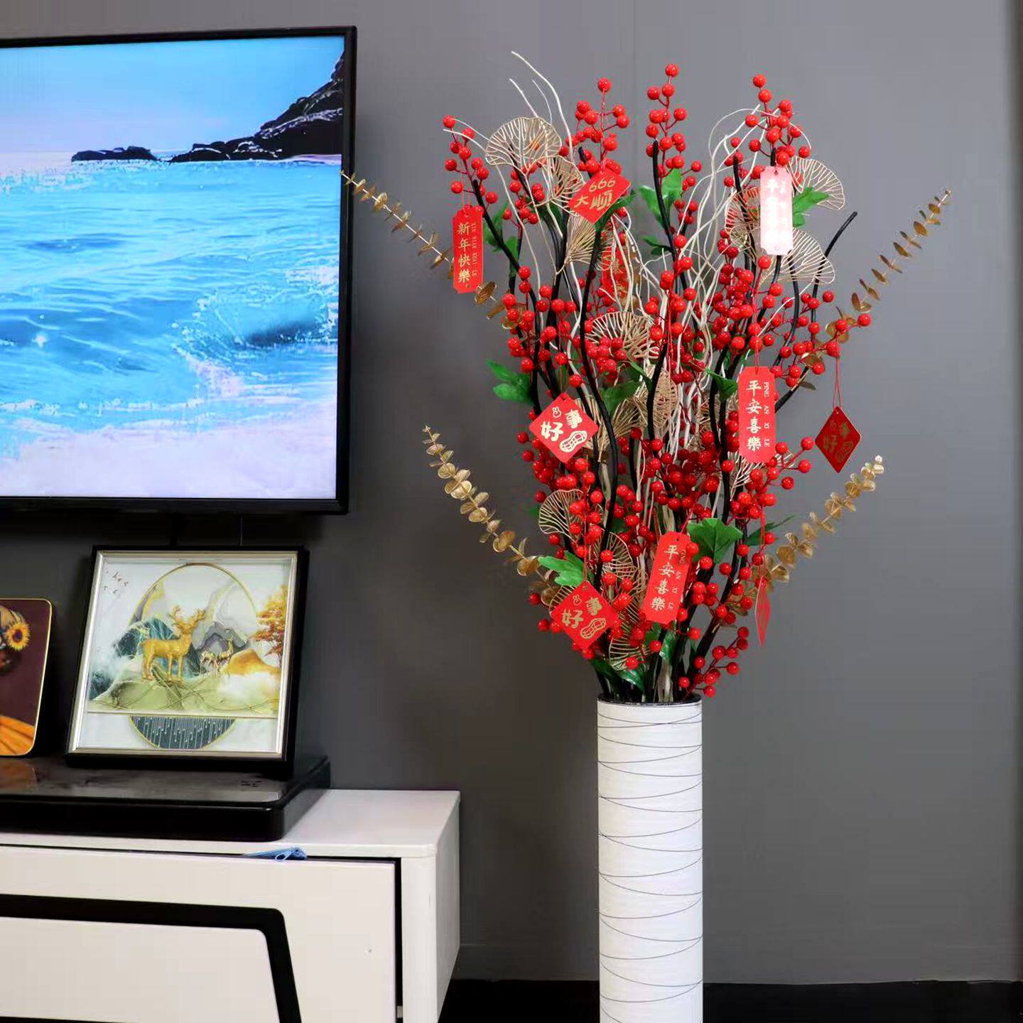 客厅防真花高花客厅仿真花摆件大件落地装饰红果子假花发财果浆果