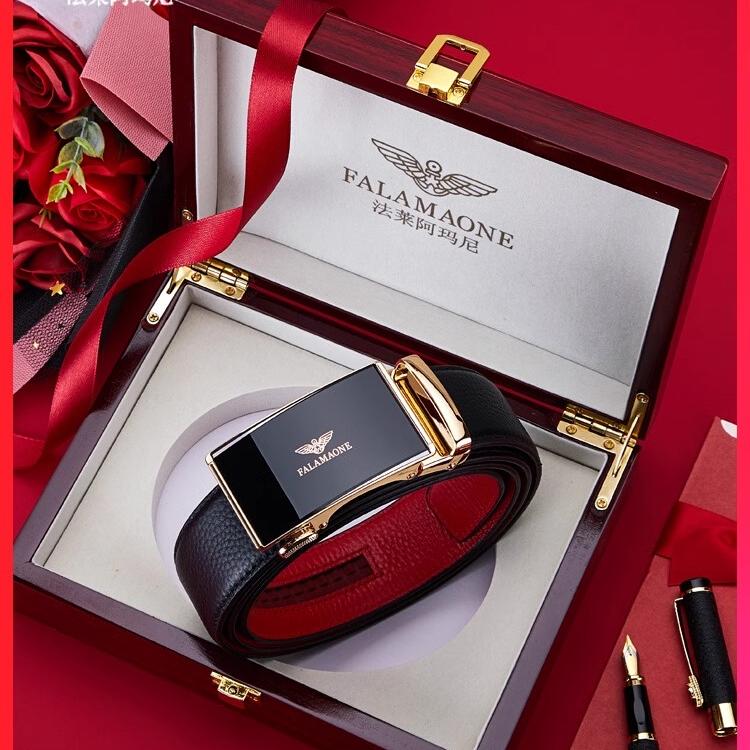 法莱阿玛尼男士皮带2025新款自动扣腰带真牛皮自动扣红裤带送男友