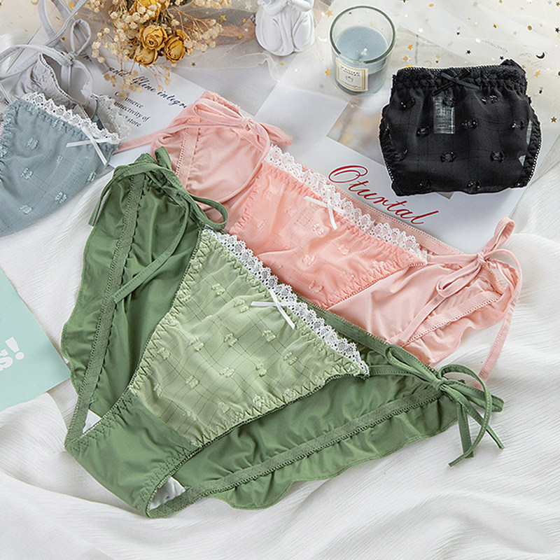 日系洛丽塔绑带内裤女性感低腰蕾丝边冰丝双边系带三角裤少女可爱