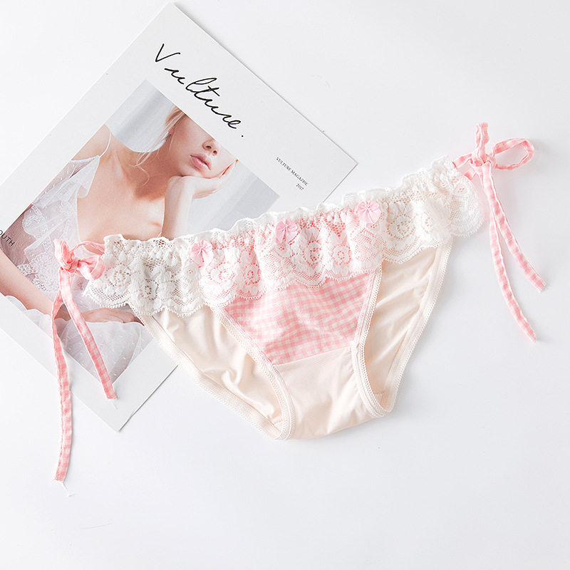 日系洛丽塔可爱内裤格子荷叶边绑带小花系带三角裤棉质档包臀舒适