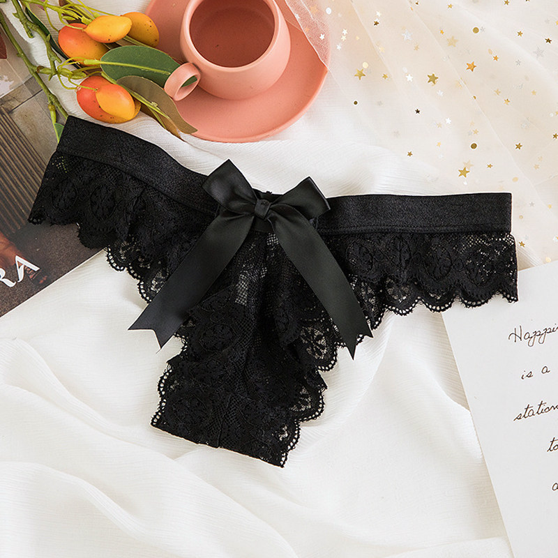 新款性感内裤女辣妹T裤超大蝴蝶结蕾丝透明情趣火辣诱惑丁字裤女