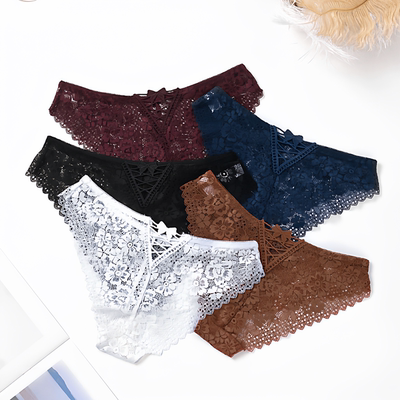 新款性感女士内裤中腰蕾丝花边蝴蝶结交叉带女三角裤半包臀纯欲风