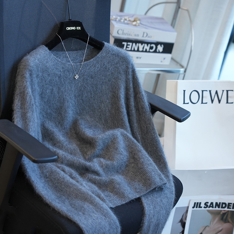 港米服饰/无缝一体羊绒羊毛拉毛软糯圆领针织衫女毛衣内搭秋冬