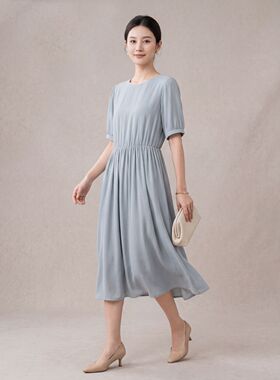 夏季新款桑蚕丝真丝连衣裙女宽松白色裙子通勤短袖简约风中长裙