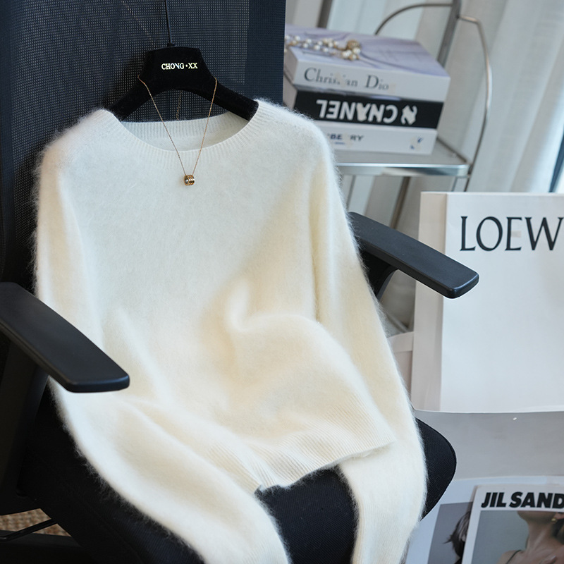 港米服饰/无缝一体羊绒羊毛拉毛软糯圆领针织衫女毛衣内搭秋冬