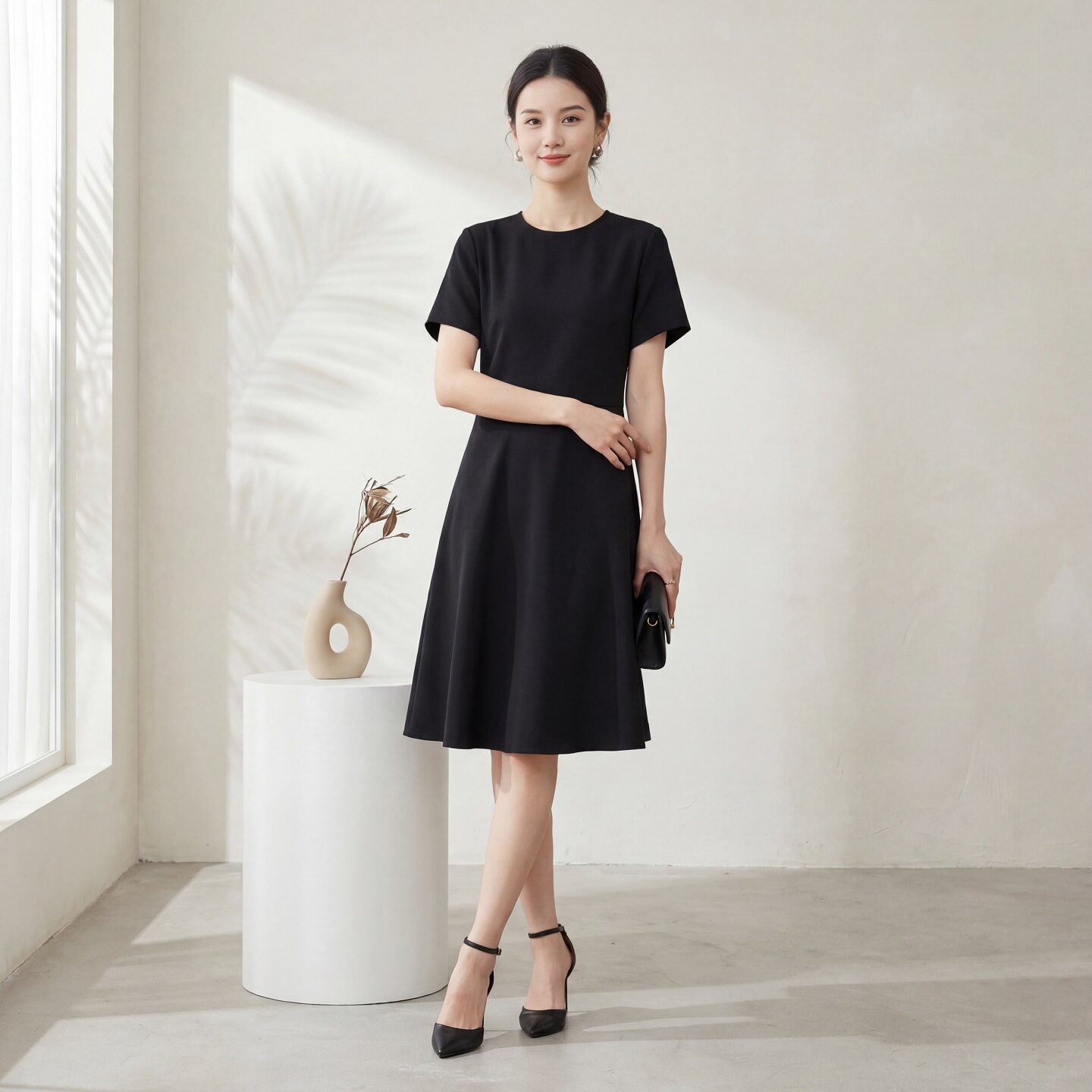 夏季新款桑蚕丝短袖连衣裙女圆领简约真丝气质小黑裙通勤a字裙子