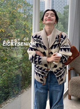 LICKYSENIOR Zui美费尔岛 100冰岛羊毛时尚休闲女士提花针织开衫