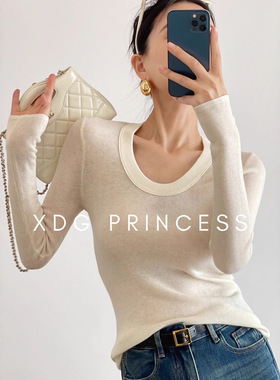 简约百搭款~U领长袖针织衫秋冬女内搭叠穿套头毛衣修身羊毛打底