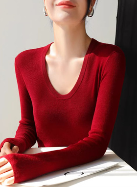 港米服饰/U领绵羊毛针织衫女秋冬长袖袖修身内搭鹅蛋领打底本命年