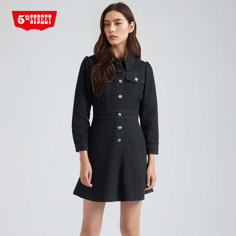 第五街5th street新款女装甜美小香风长袖牛仔连衣裙180802-243