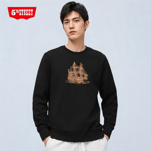 第五街爱洛革男春秋宽松印花圆领卫衣韩版长袖上衣960111-184A0