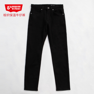 street黑色牛仔裤 保暖长裤 男装 小直筒冬季 加绒加厚修身 第五街5th