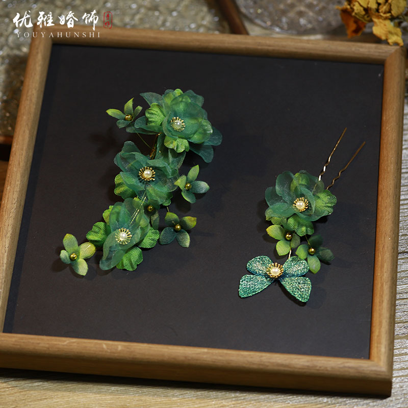 手工绿色娟纱古风花朵发簪发夹图片